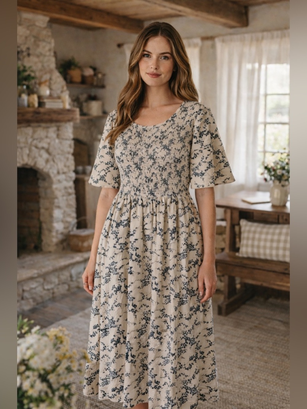 NEW The Mainstreet Exchange Modest Dress Smocked Cream & Navy Floral Midi